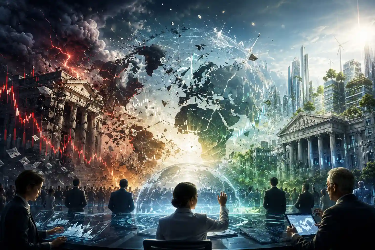 Global economic system overhaul showing financial disruption and digital transformation in 2026