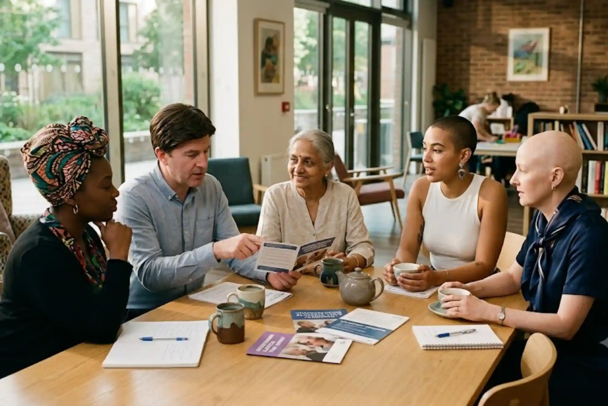 Adults attending an alopecia support session in a UK wellbeing centre.