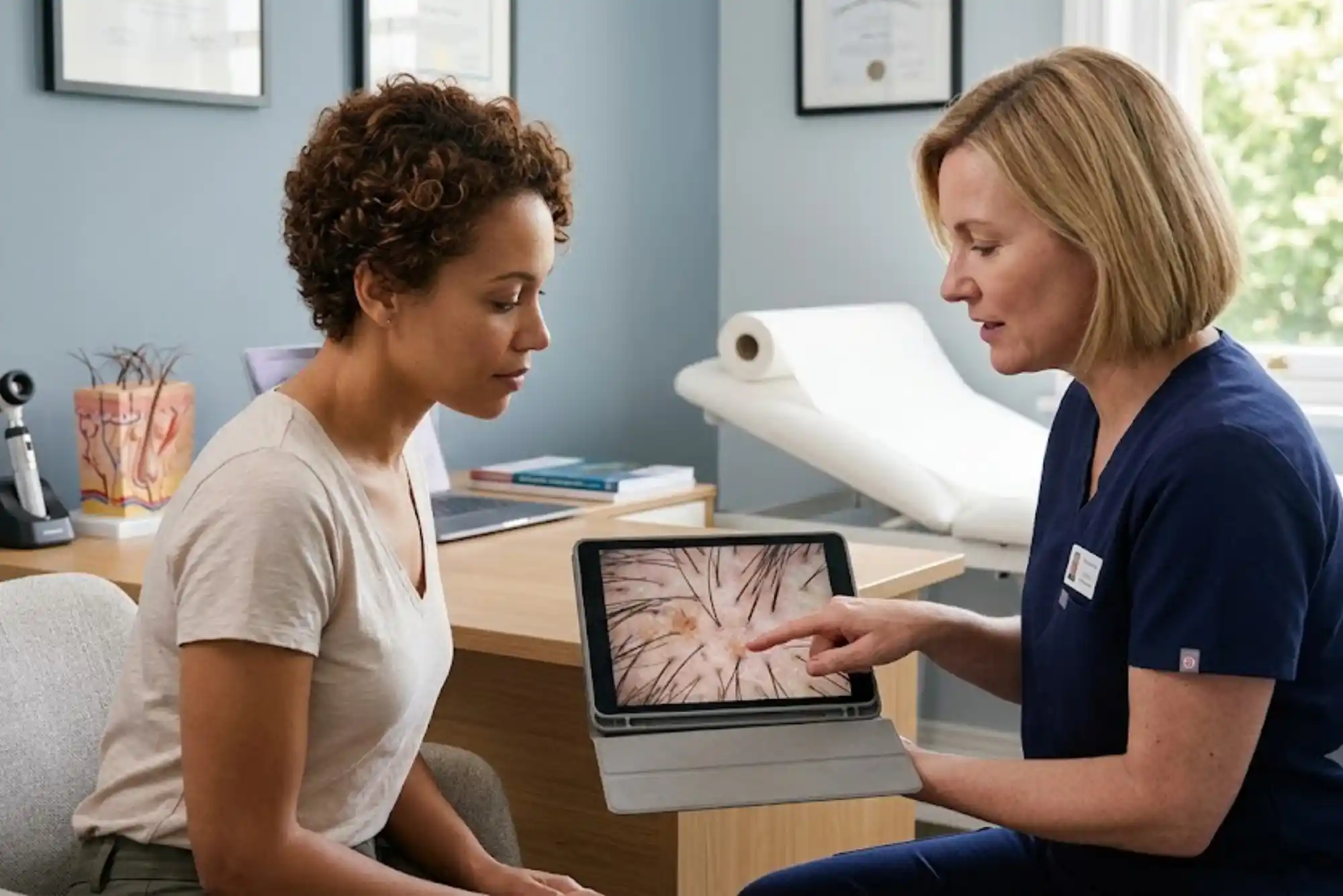Dermatologist discussing autoimmune hair thinning with a patient in a modern clinic.