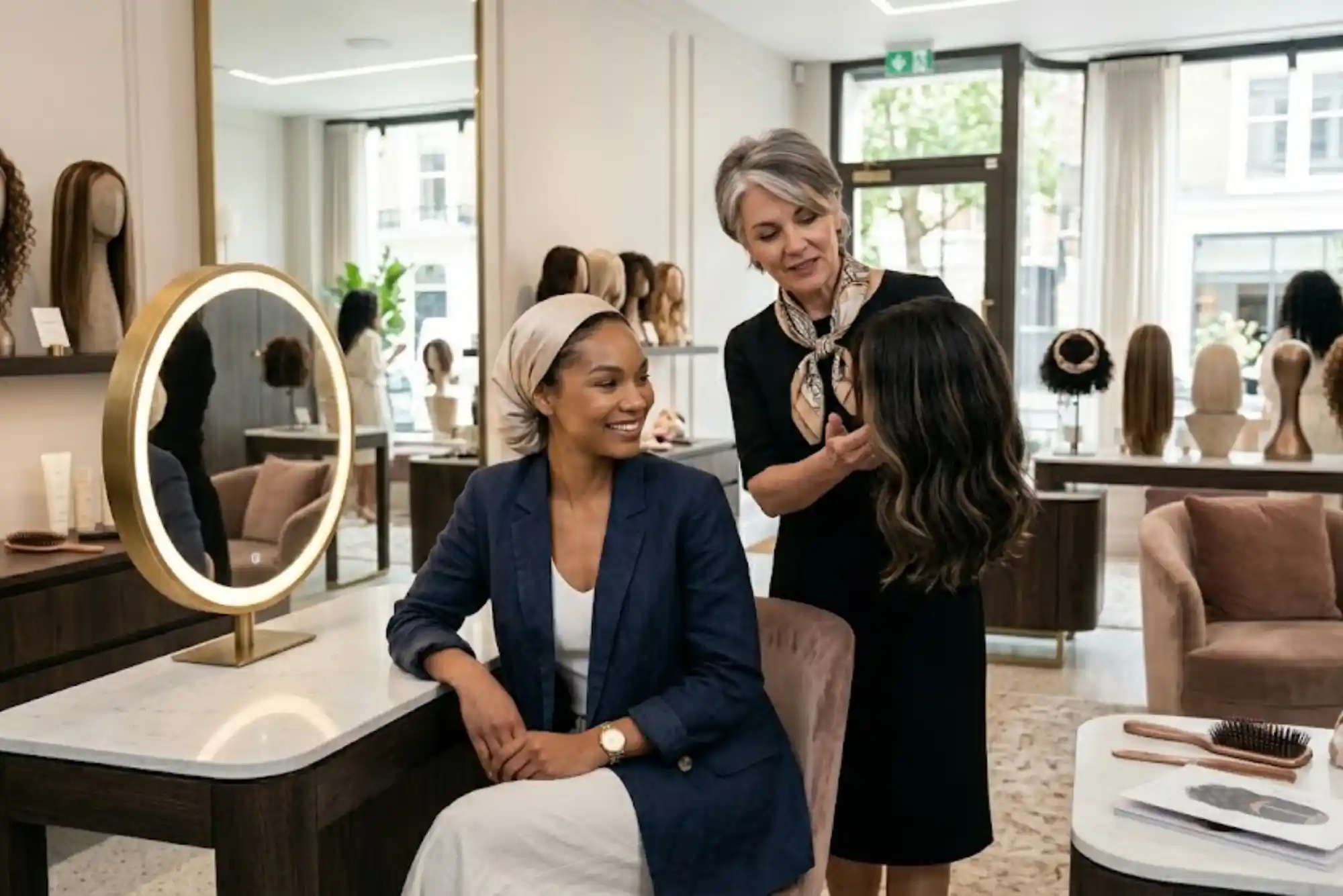 First-time wig buyer choosing a beginner-friendly wig in a professional showroom
