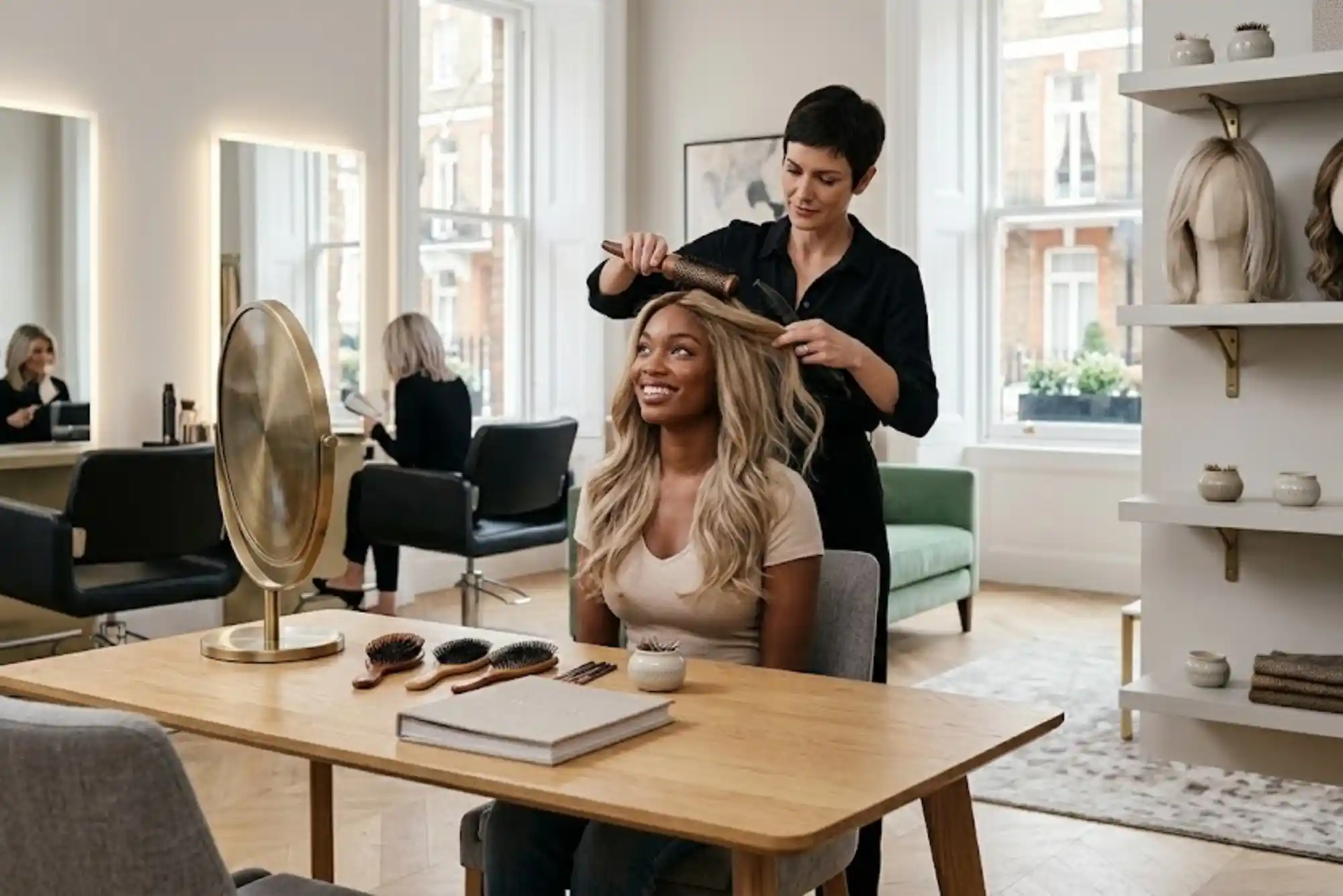 Woman wearing a realistic blonde human hair wig in a professional salon setting