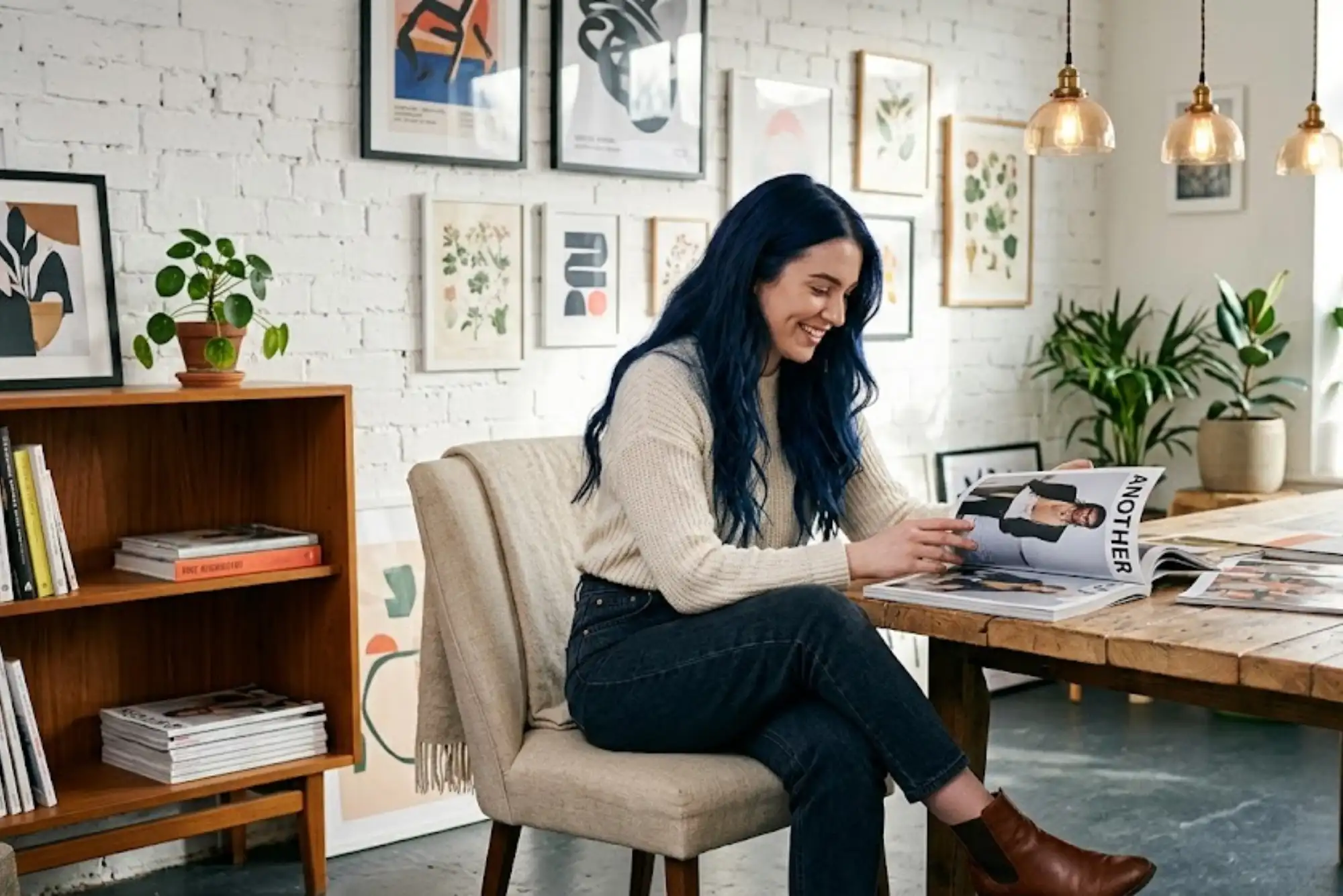 Woman wearing a stylish navy blue wig in a contemporary UK creative studio