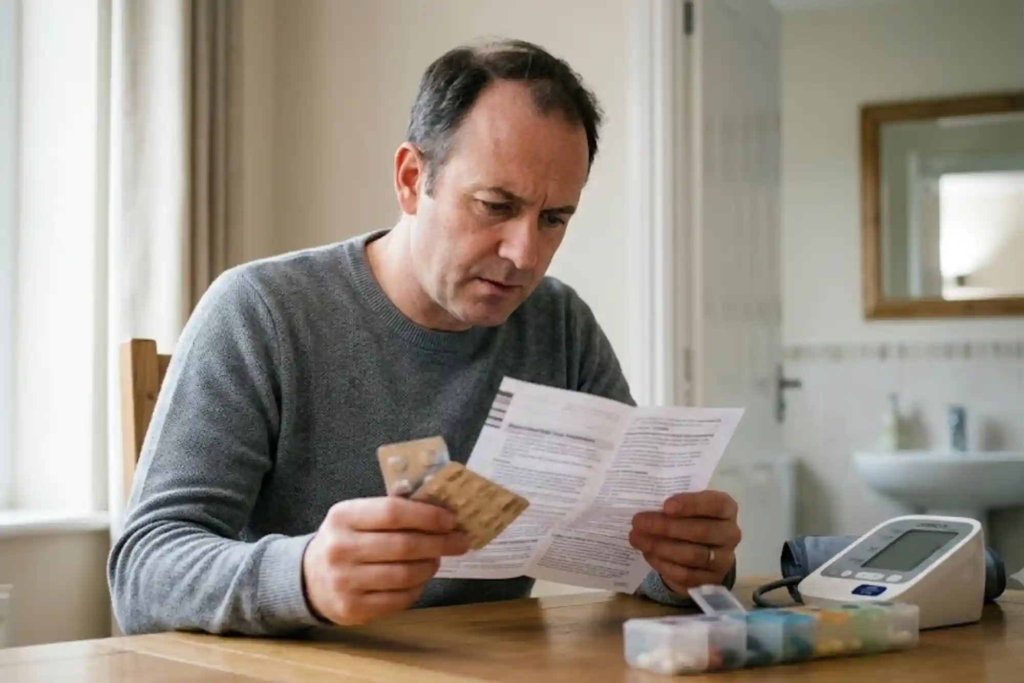 Adult reviewing blood pressure medication while researching possible hair thinning side effects.