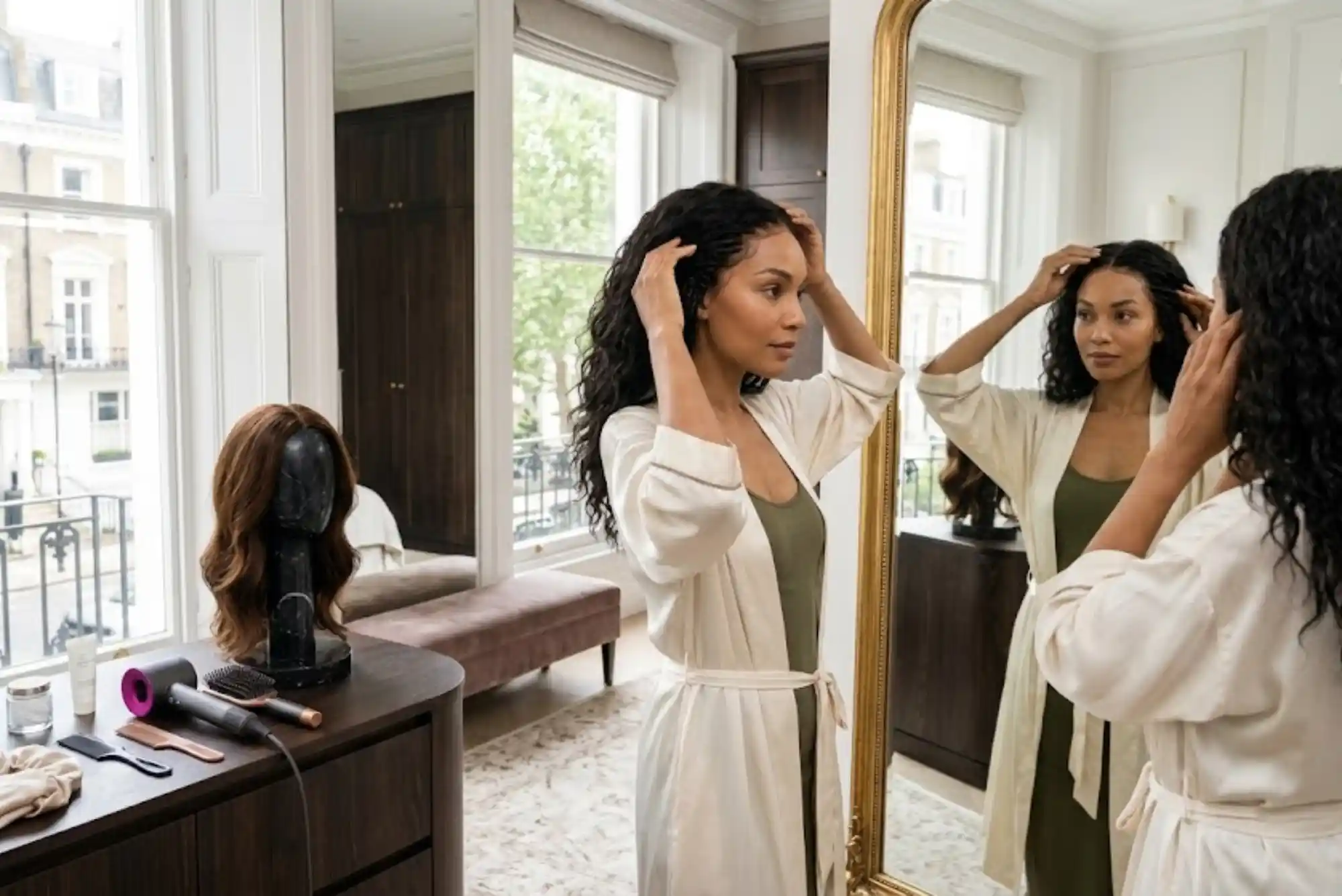 Woman installing a glueless wig in a modern dressing room