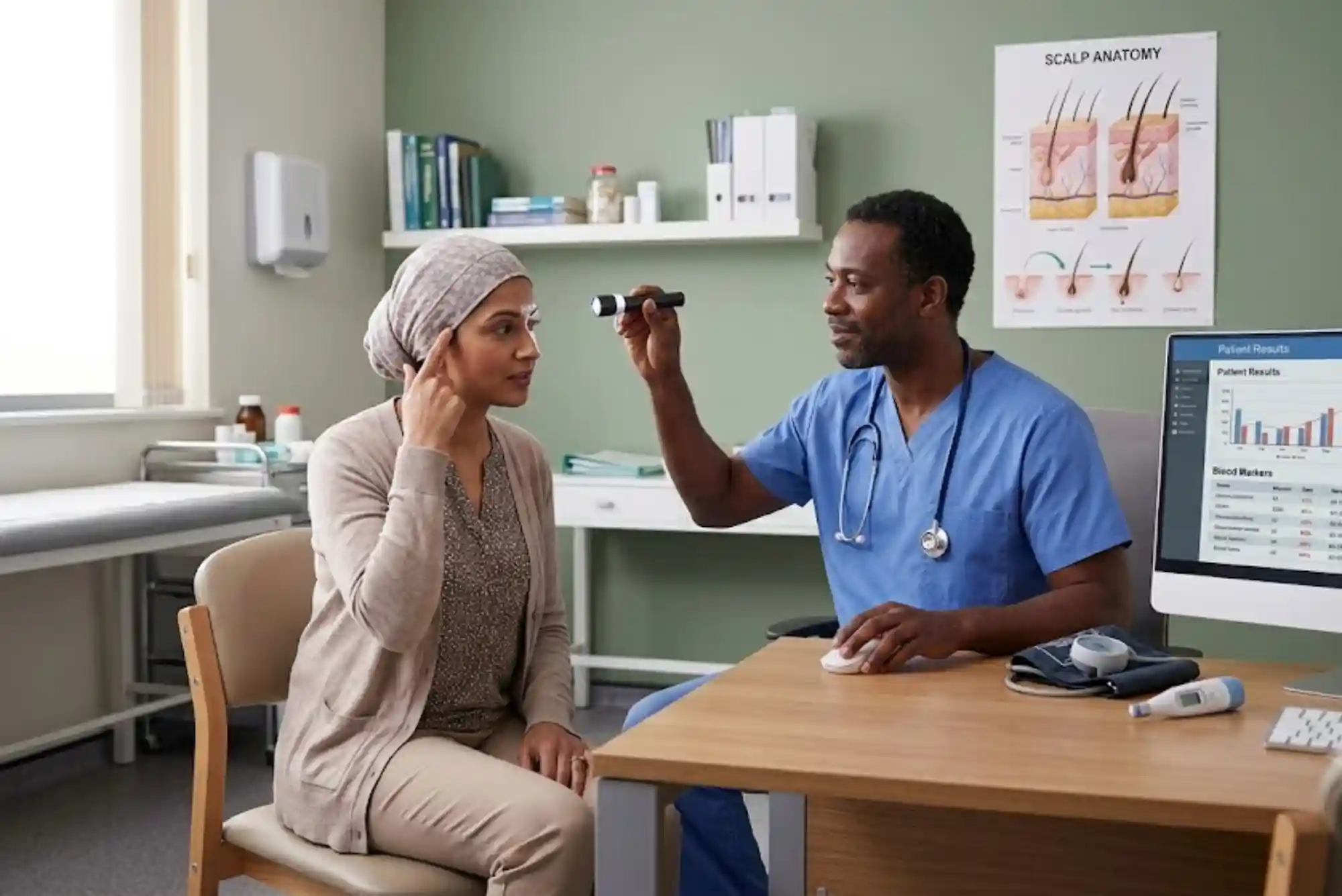 Patient discussing hair loss blood tests with a healthcare professional in a UK clinic.