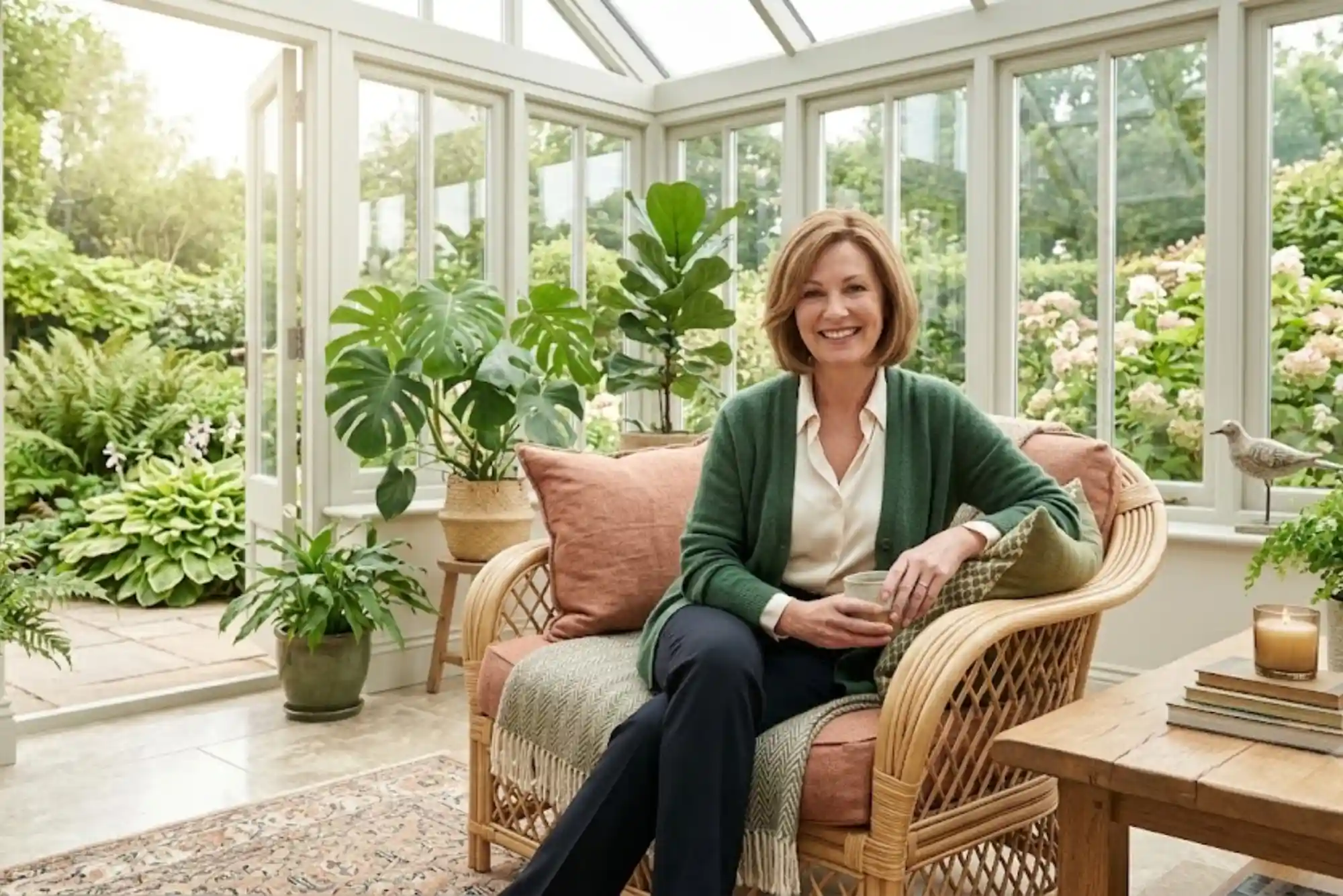 Woman wearing a natural hair topper inside a modern UK conservatory