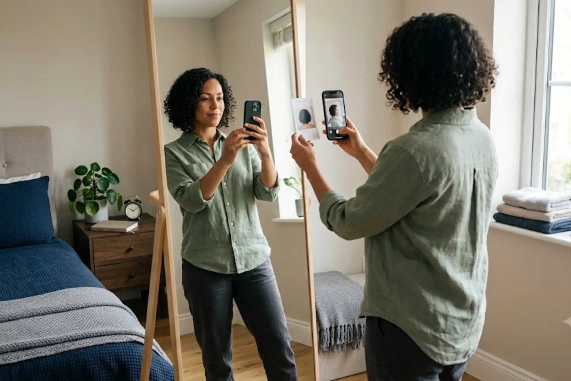 Adult documenting monthly hair growth progress using a smartphone.