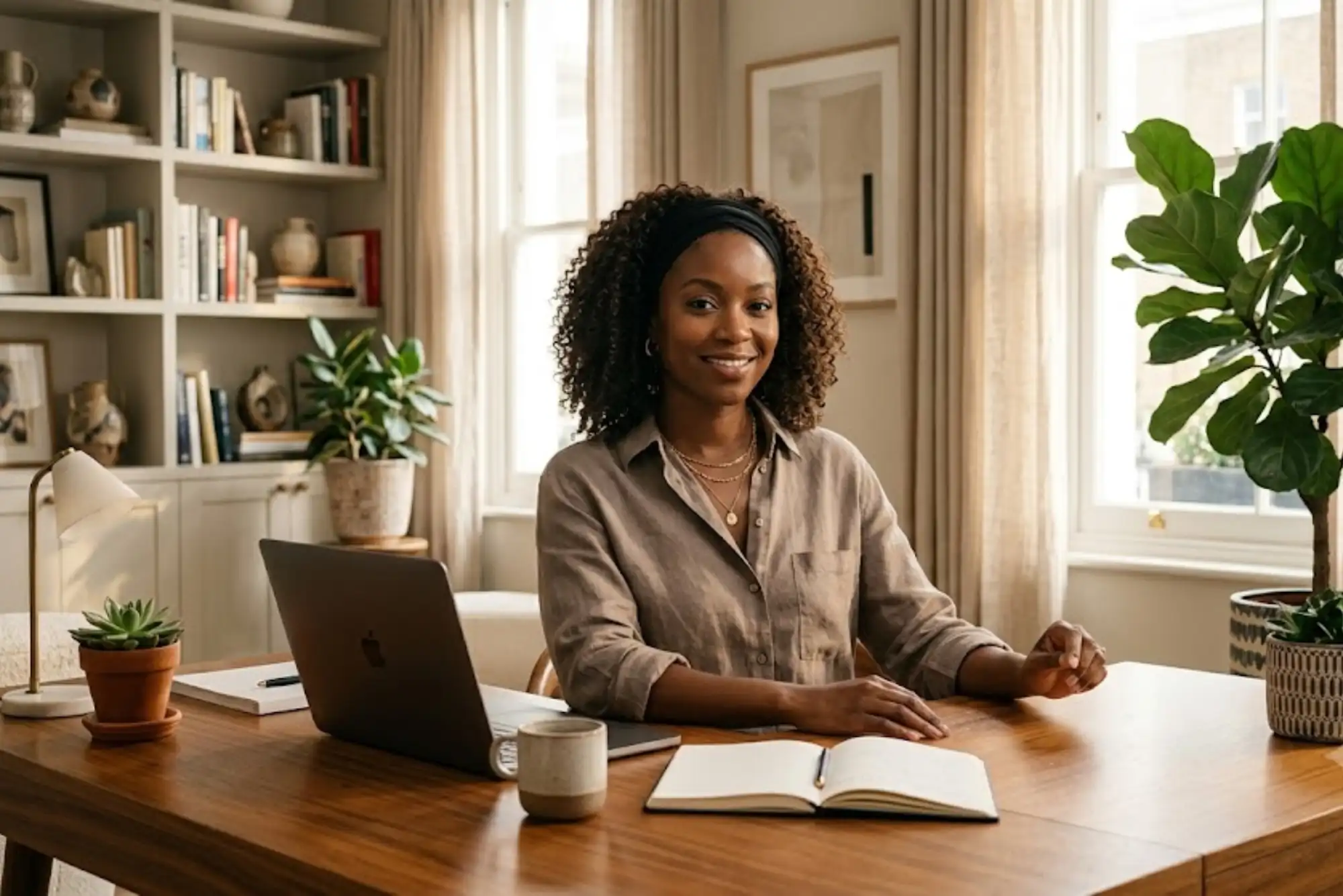 Woman wearing a headband wig inside a modern UK home office