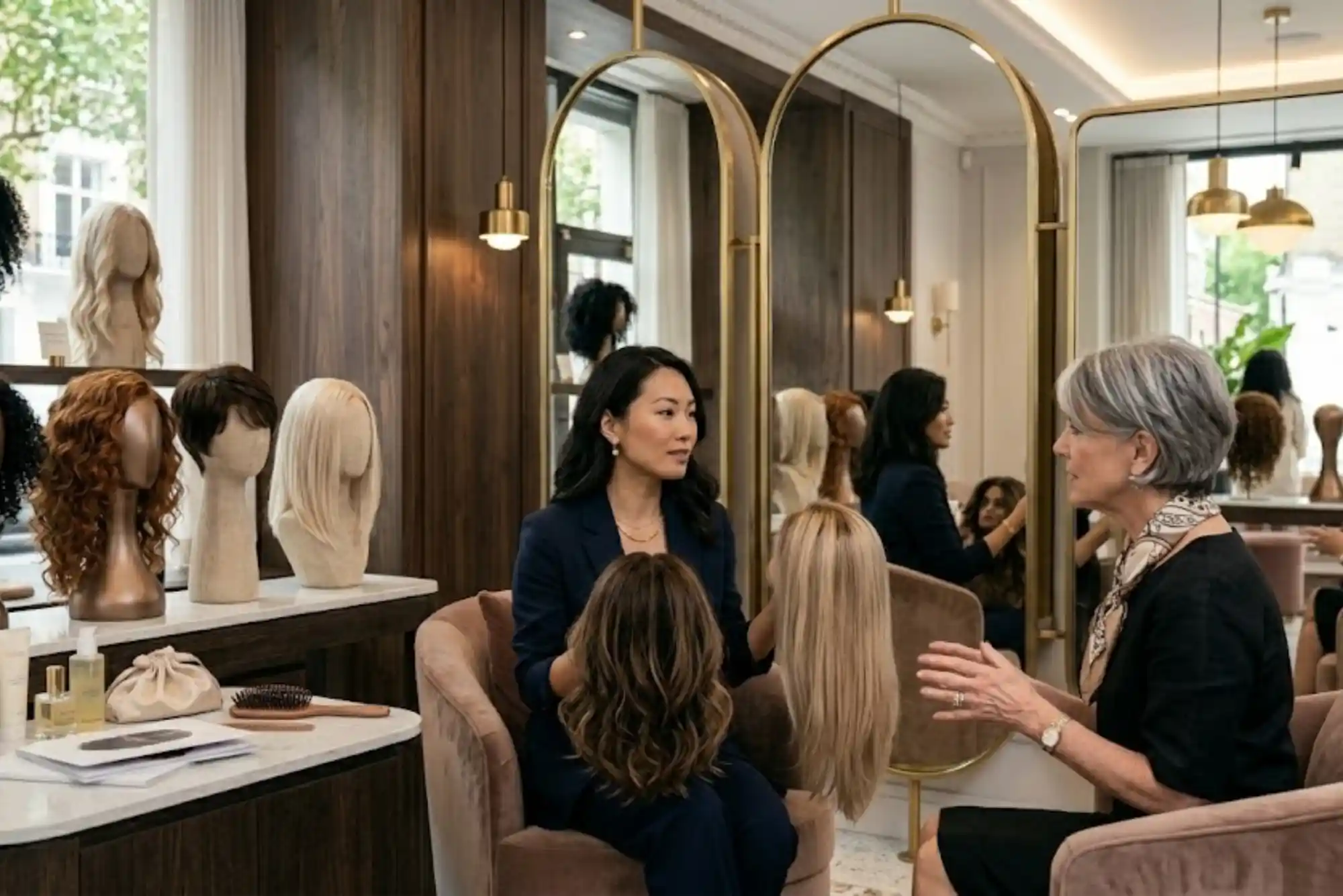 Customer receiving professional advice while choosing a wig in a modern showroom