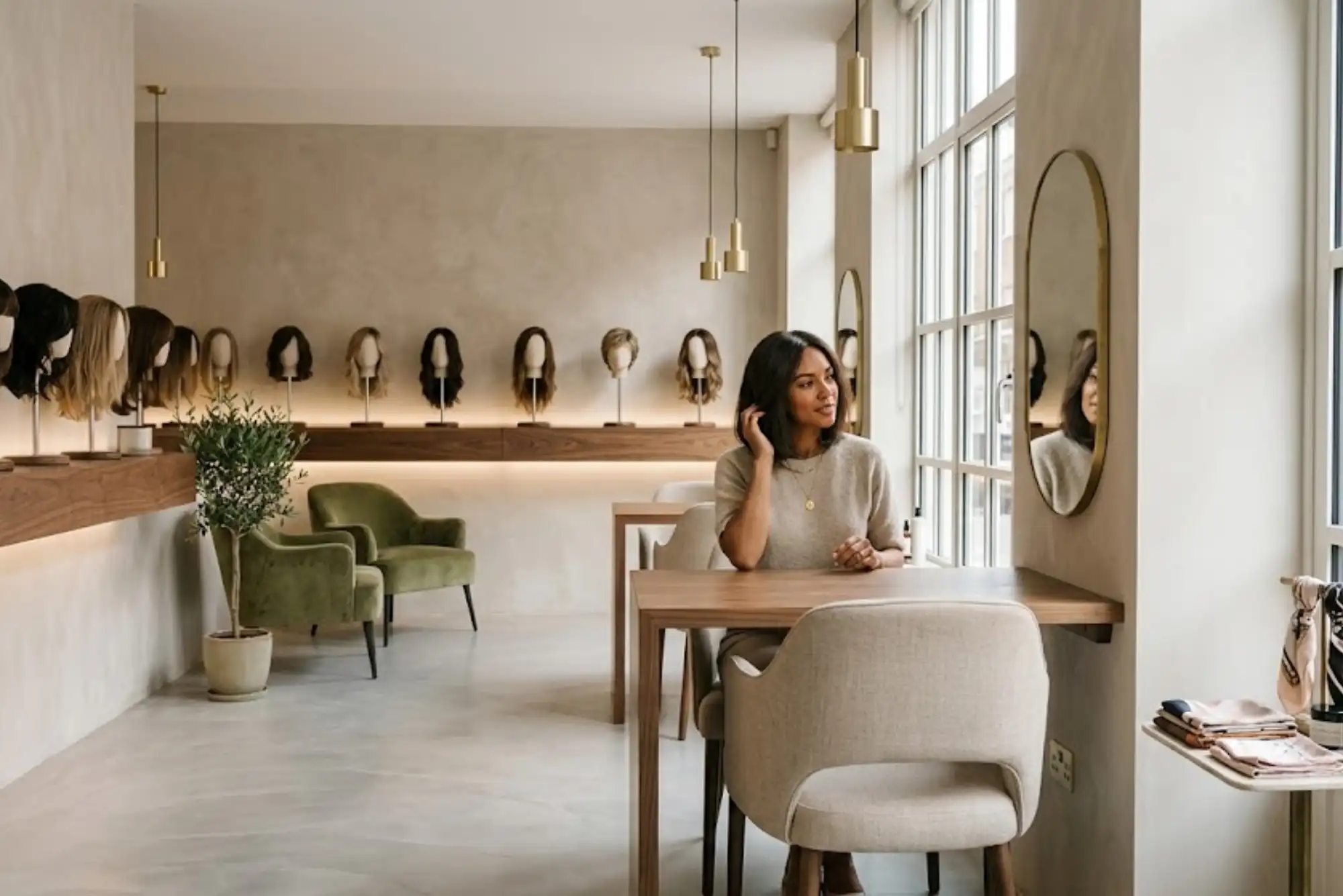 Woman wearing a natural human hair wig inside a premium UK wig boutique