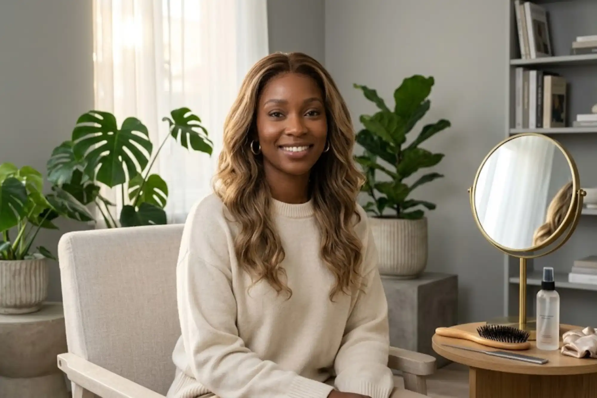 Woman wearing a realistic lace front wig inside a modern UK apartment