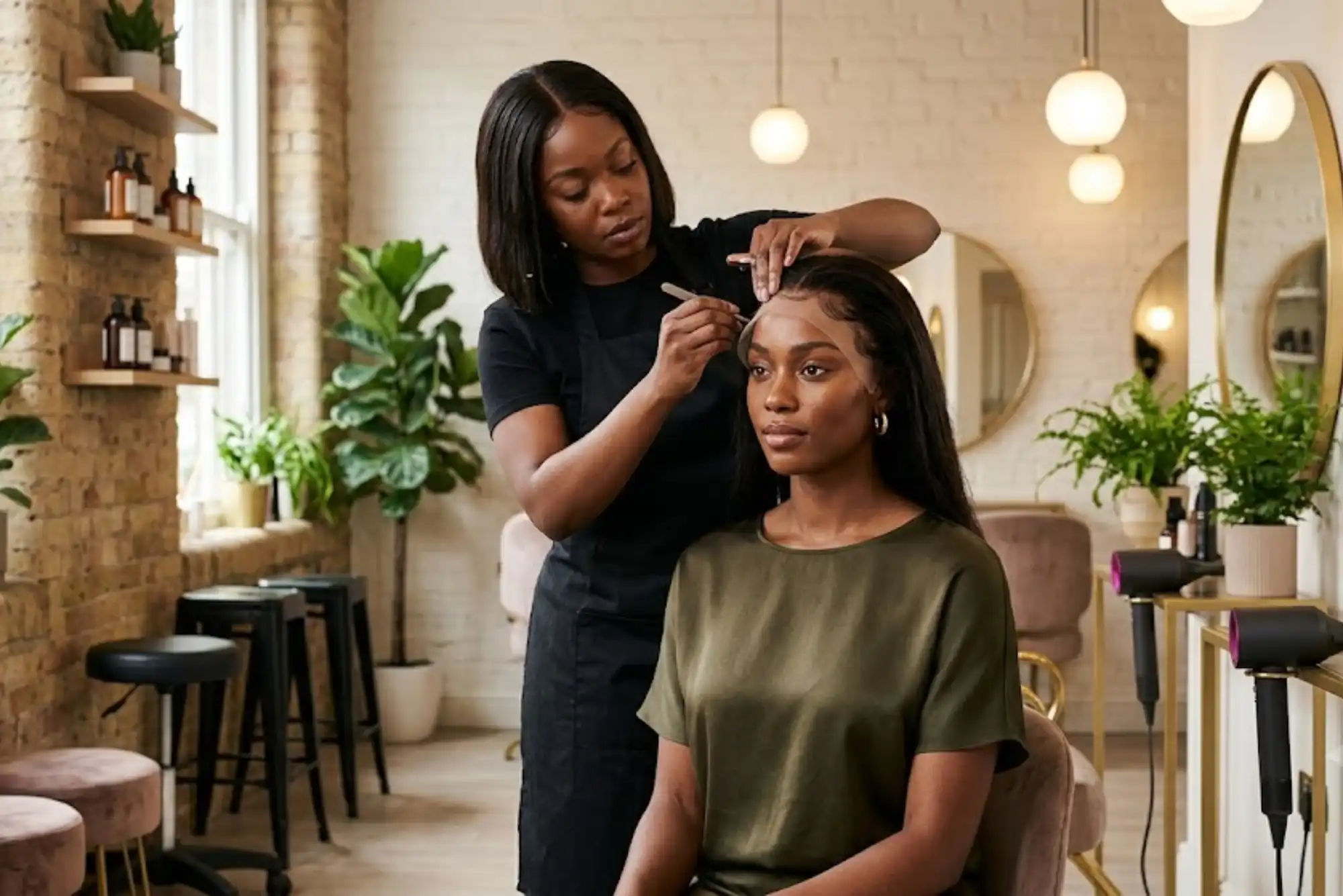 Woman demonstrating a lace frontal wig inside a modern UK beauty studio