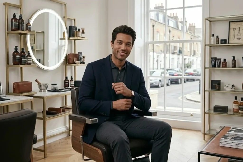 Man wearing a realistic modern wig in a professional grooming environment