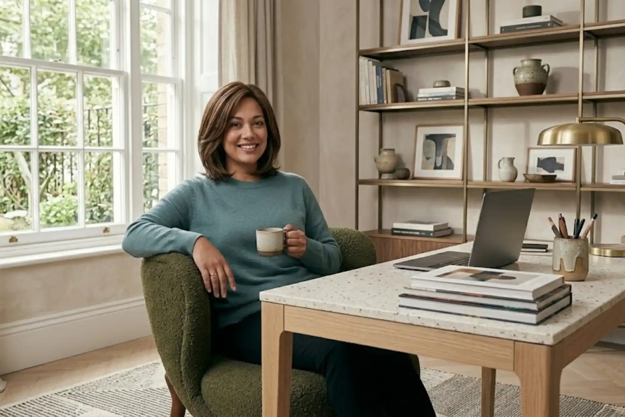 Woman wearing a comfortable lightweight wig in a modern home setting