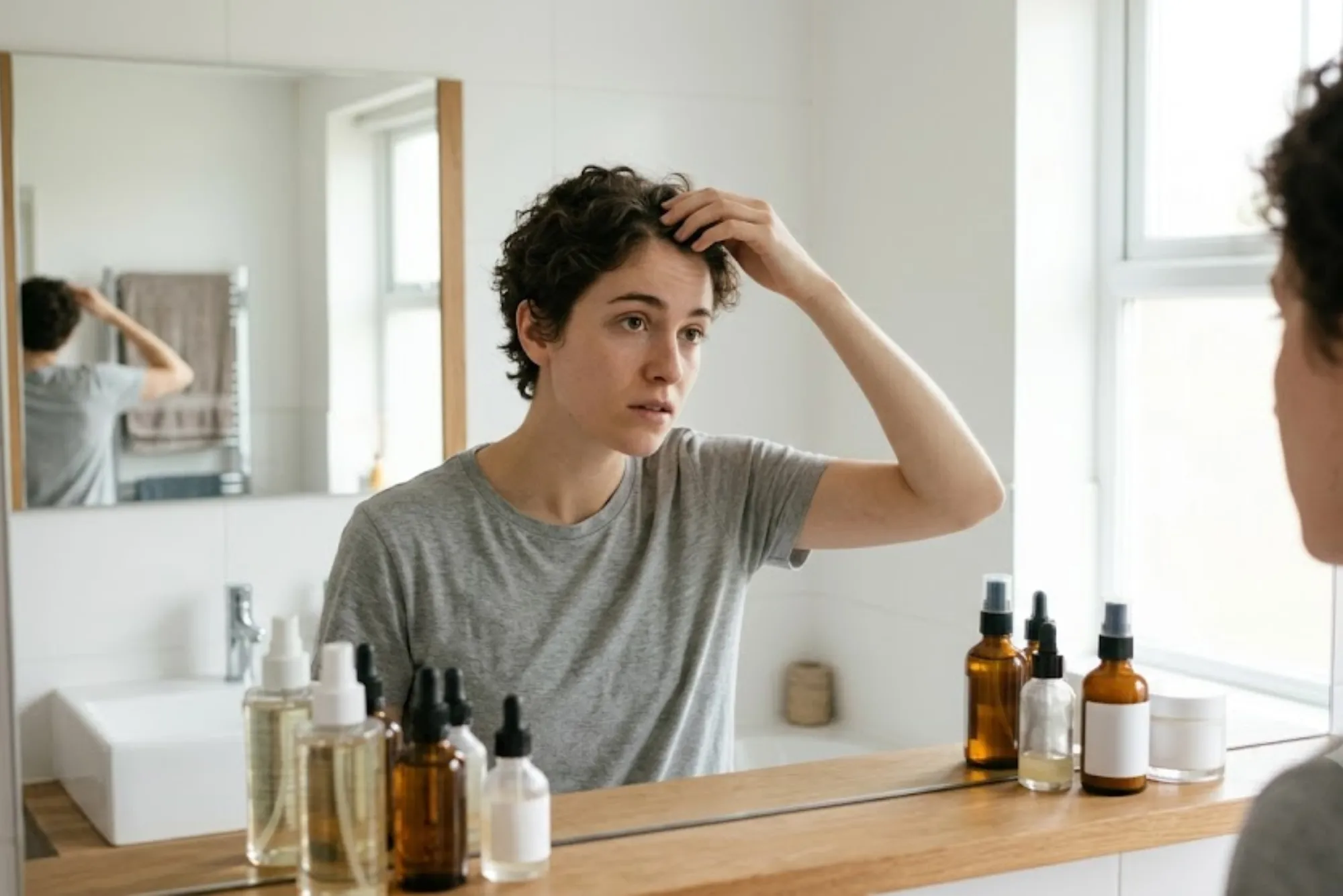 Adult checking a sensitive scalp area while examining hair thinning in a mirror.