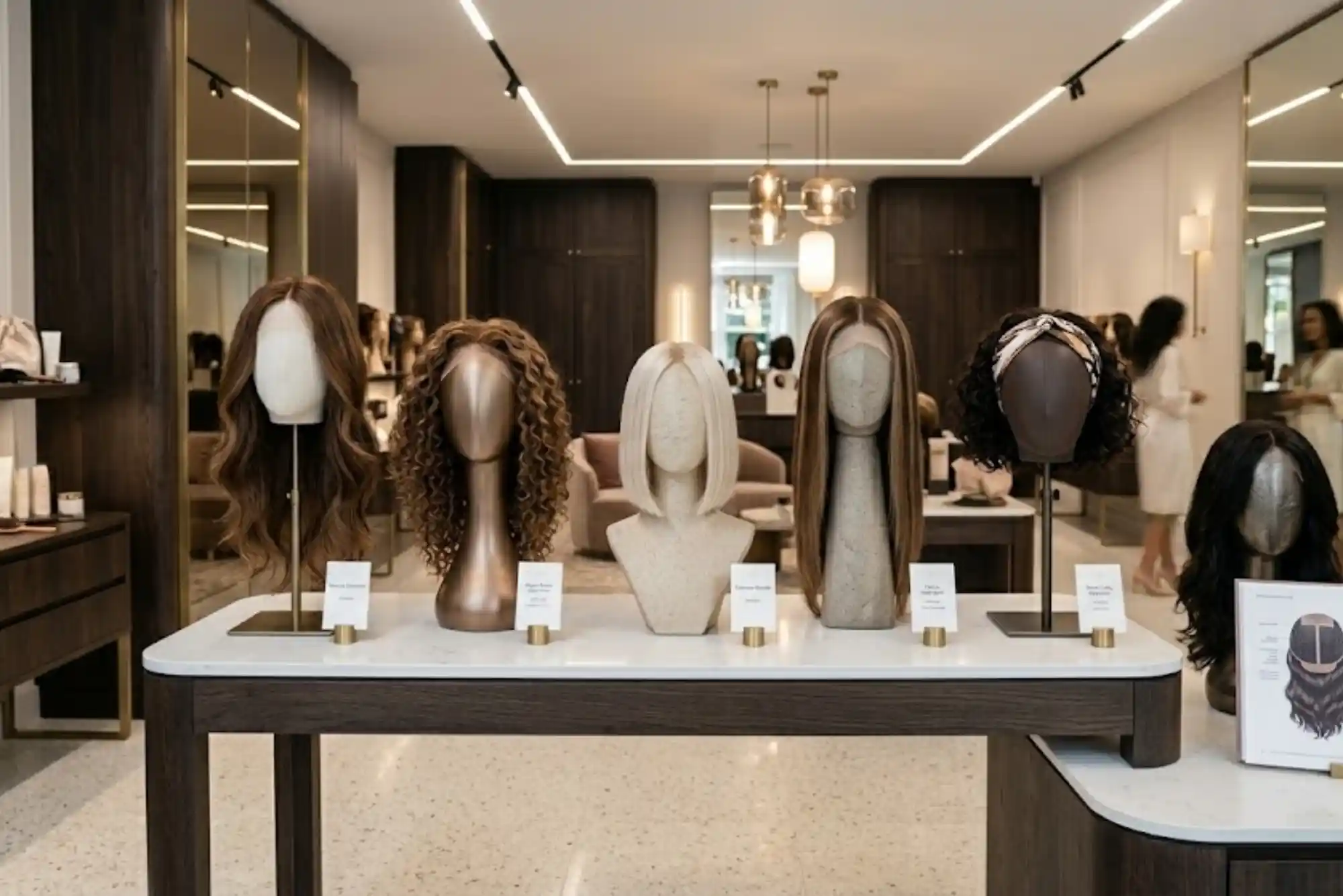 Various types of wigs displayed in a professional wig showroom