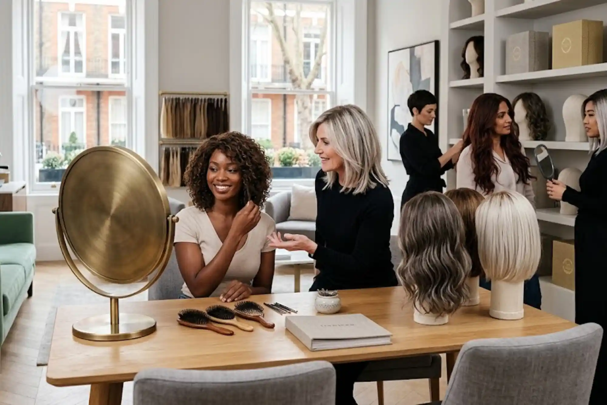Collection of realistic wigs for women displayed in a professional UK wig salon