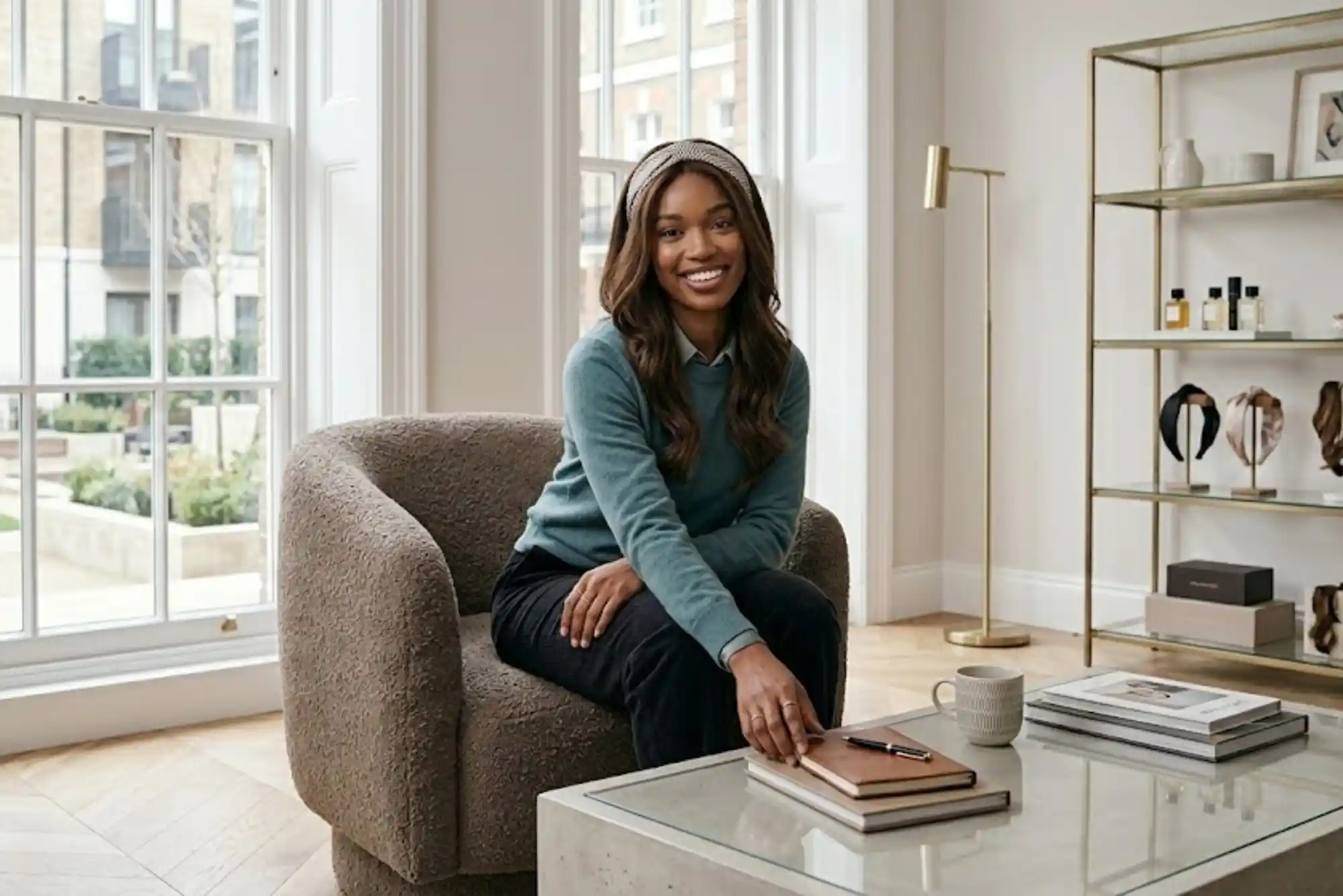 Woman wearing a comfortable headband wig in a modern indoor setting