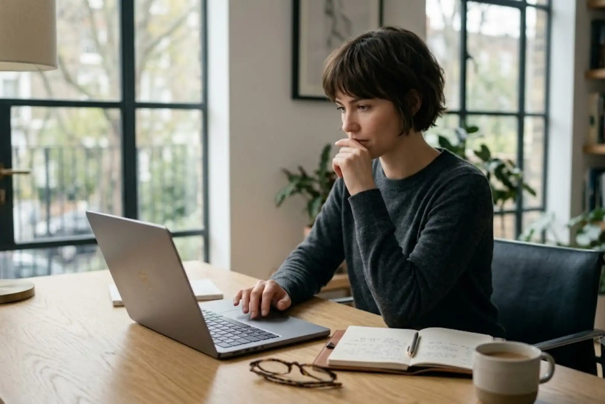 Adult researching hair loss information on a laptop in a UK home office.