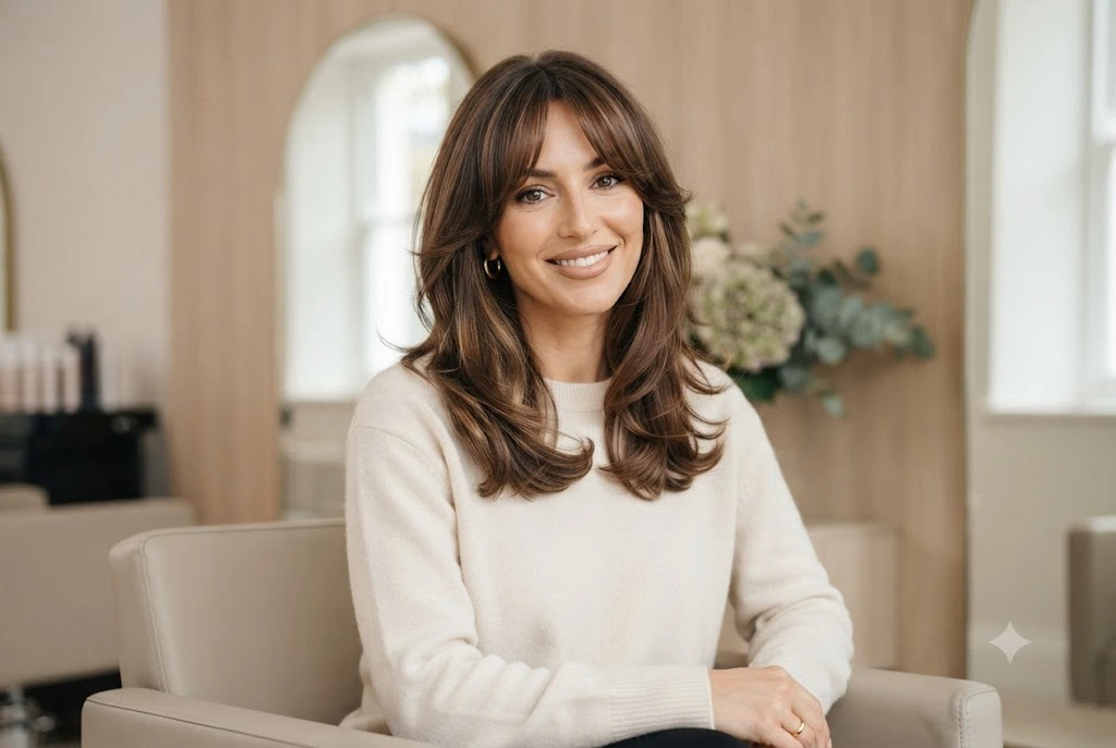 Best hair style for a long face featuring layered shoulder-length hair with curtain bangs