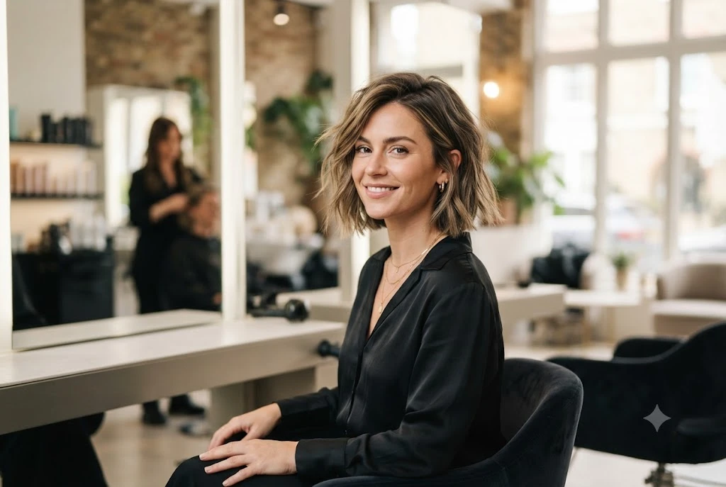 Woman wearing stylish choppy bob hairstyles with textured layers in a professional salon.