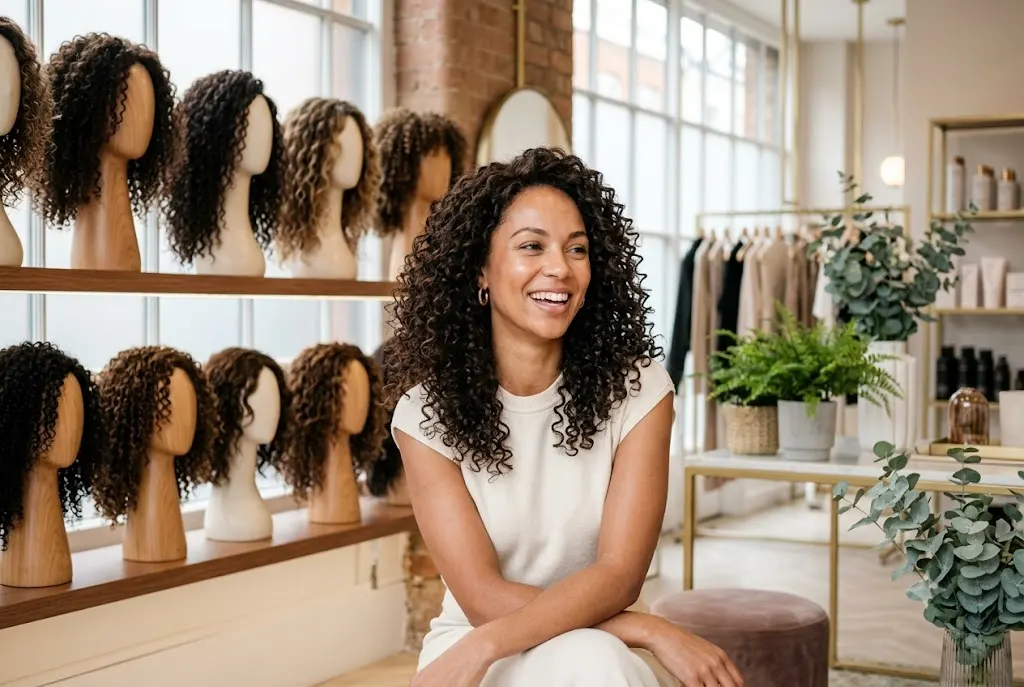 Woman wearing stylish curly wigs in a professional UK wig boutique.