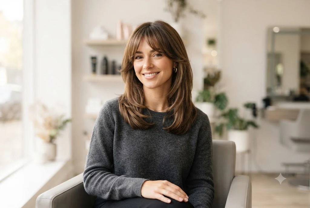 Hairstyles for a large forehead featuring wispy bangs and layered side swept fringe