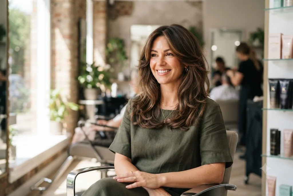 Woman wearing one of the best hairstyles for thick hair with soft layered styling