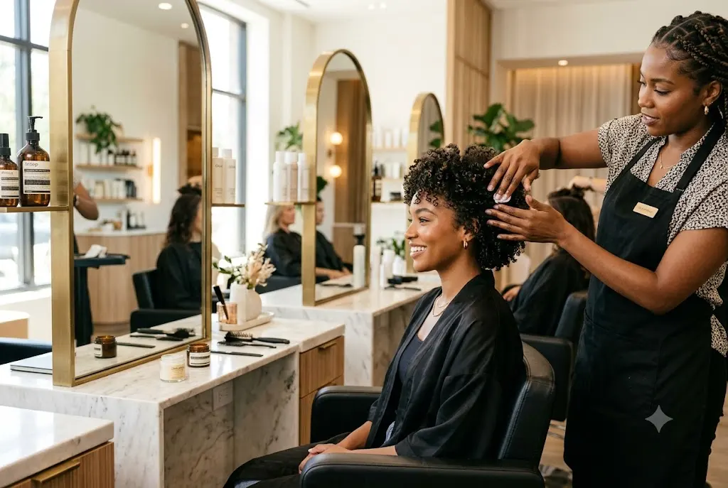 Woman demonstrating how to style short curly hair with defined natural curls.