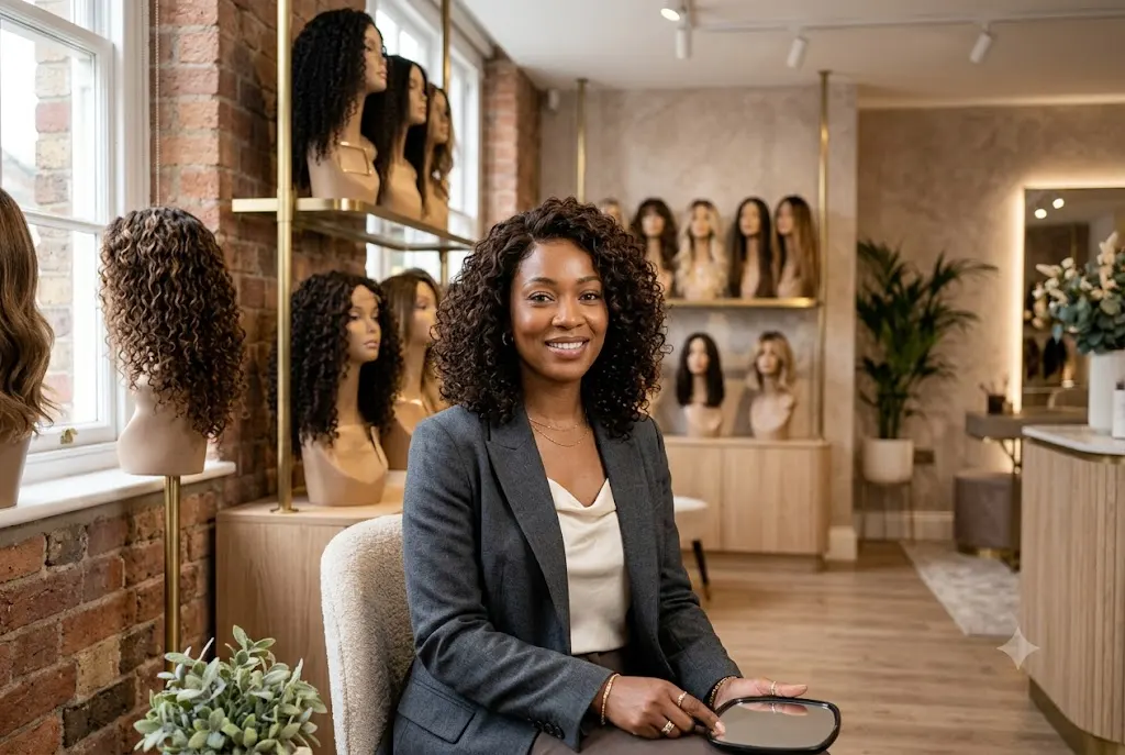 Woman wearing premium human hair curly wigs with natural curls in a UK wig boutique.