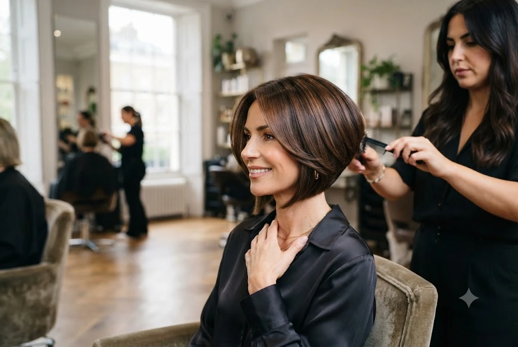 Woman wearing stylish inverted bob hairstyles with a stacked back and angled front.