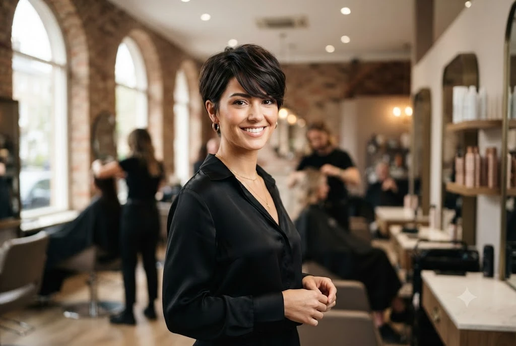 Woman wearing stylish pixie hairstyles with a textured pixie haircut and long fringe.