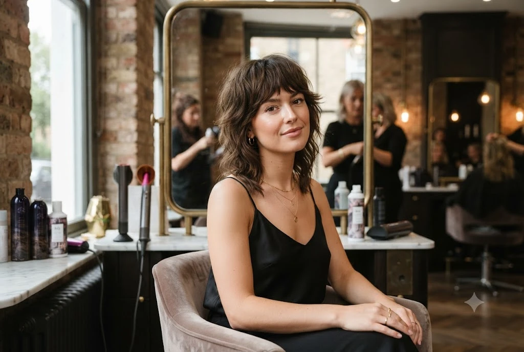 Woman wearing a stylish shaggy haircut with textured layers and natural volume.