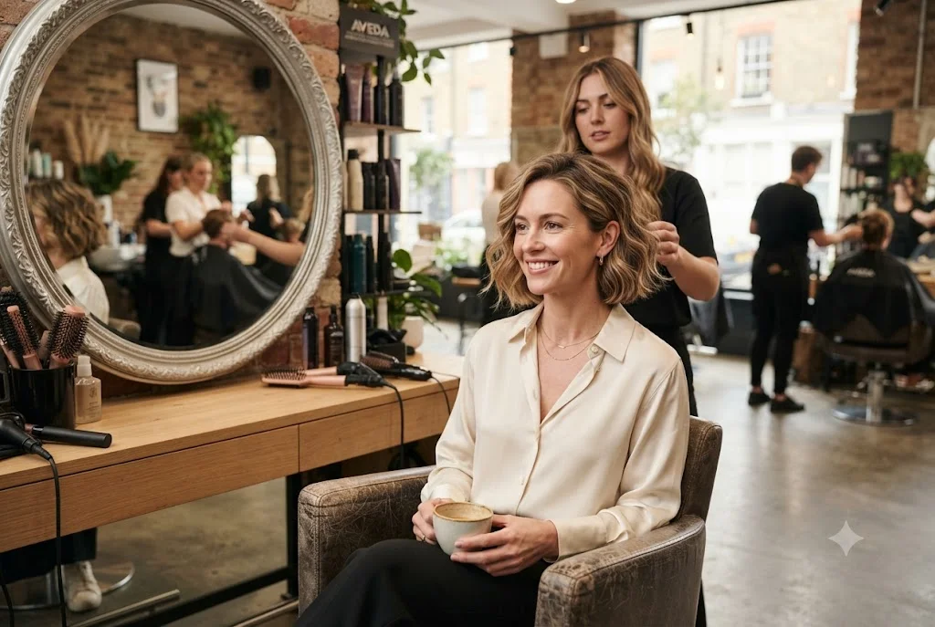 Woman wearing modern short wavy hairstyles with layered textured waves
