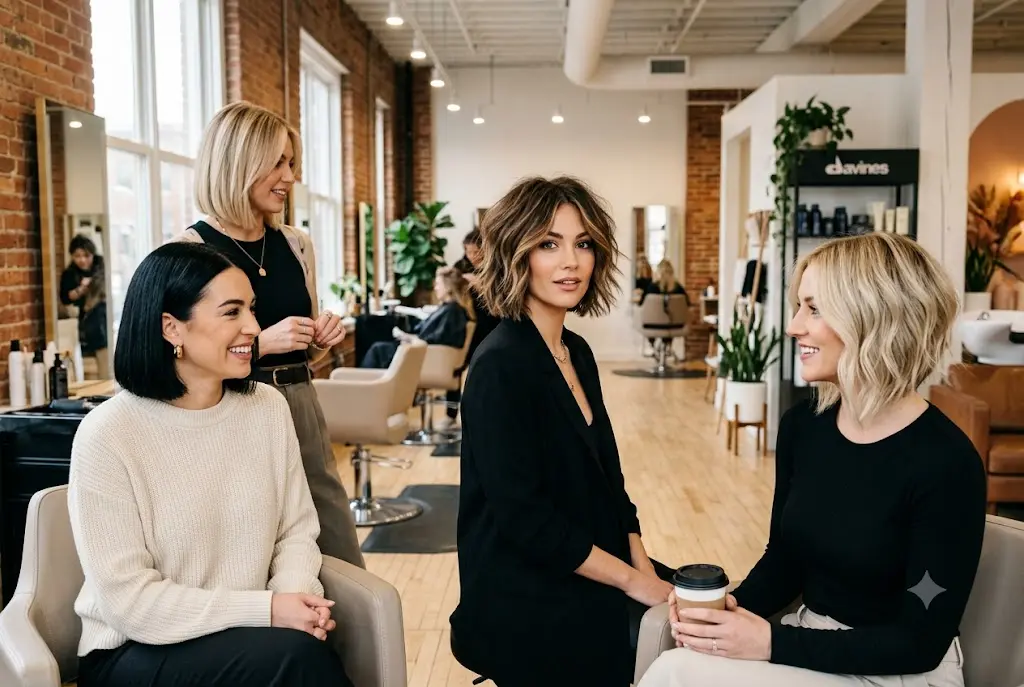 Woman showcasing stylish bob hairstyles with a sleek modern cut in a professional salon