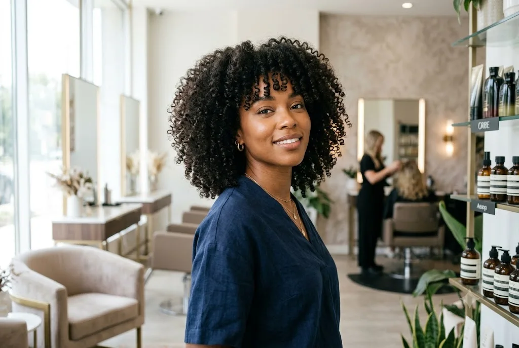 Woman wearing stylish curly hair with bangs featuring naturally defined curls