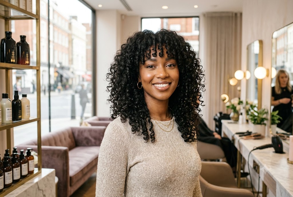 Woman wearing stylish curly hairstyles for women with naturally defined curls