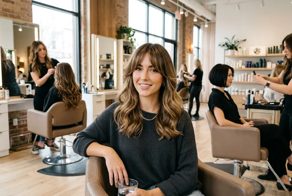 Woman wearing stylish curtain bangs hairstyles with soft face-framing layers