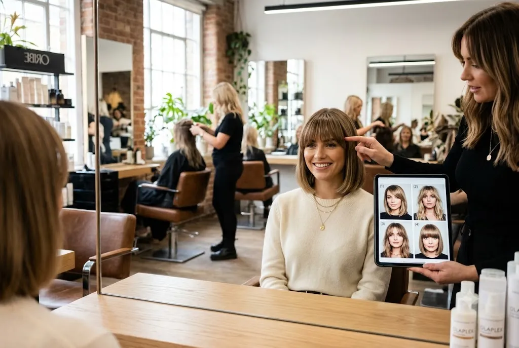 Woman with stylish fringe hairstyles featuring a soft face-framing fringe