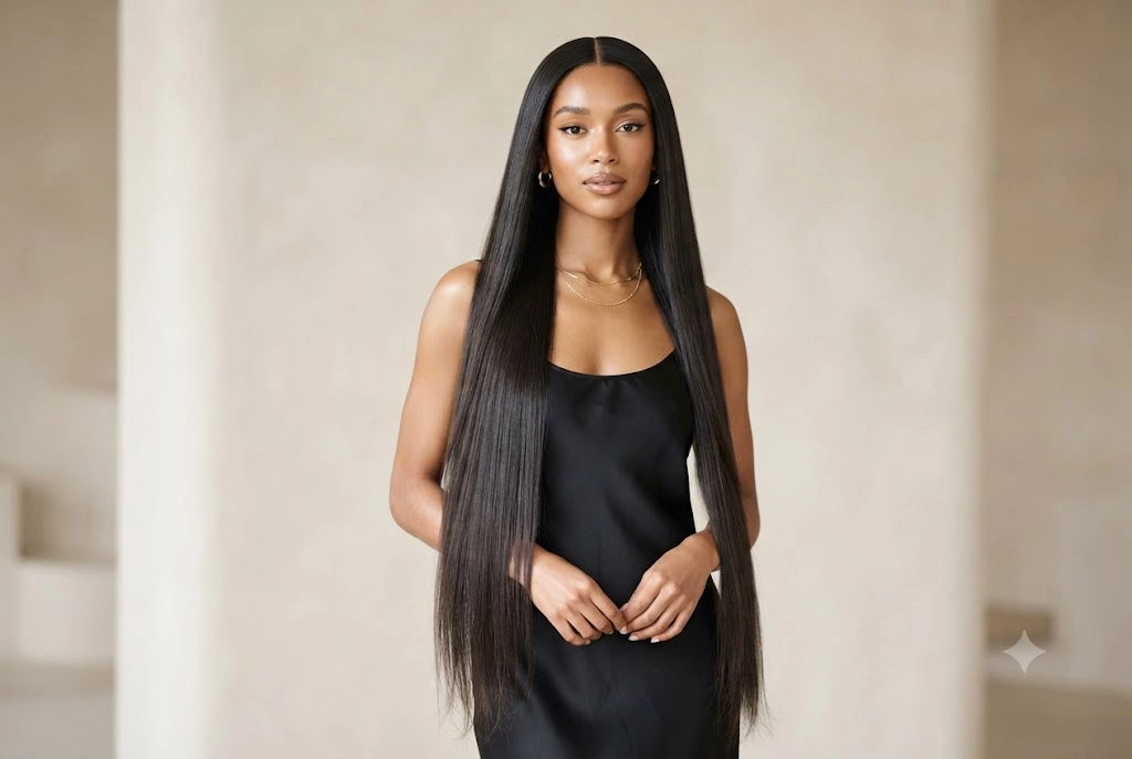 Long straight hairstyles with sleek glossy hair and a clean centre part