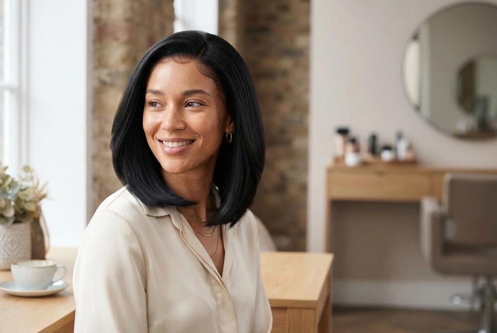 Black wigs in a natural-looking polished hairstyle