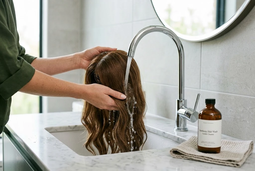 What water temperature is used when rinsing a synthetic-hair wig