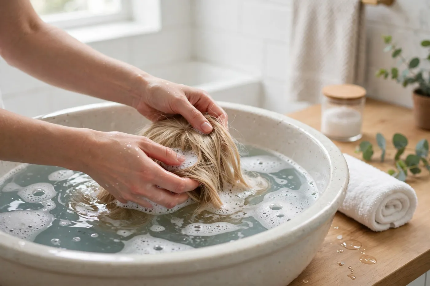 How often should you wash your wig — hands gently washing a wig in a basin of cool water
