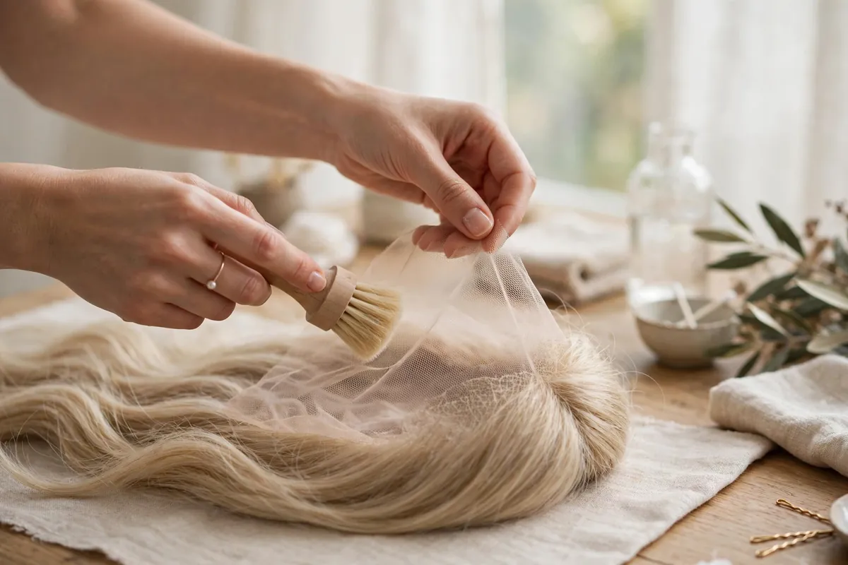 lace front wig care tips - gently cleaning the delicate lace of a lace front wig