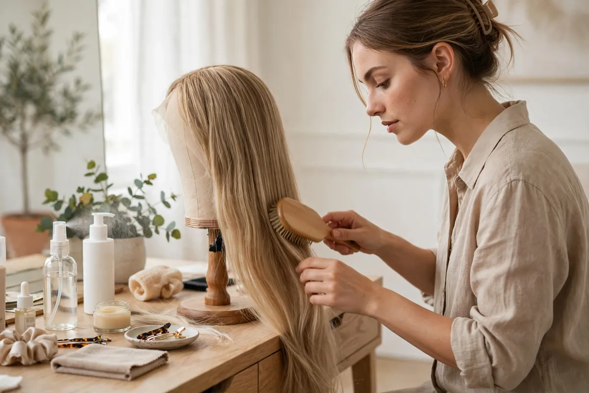 Woman practising wig care at home, gently brushing a long blonde wig on a stand